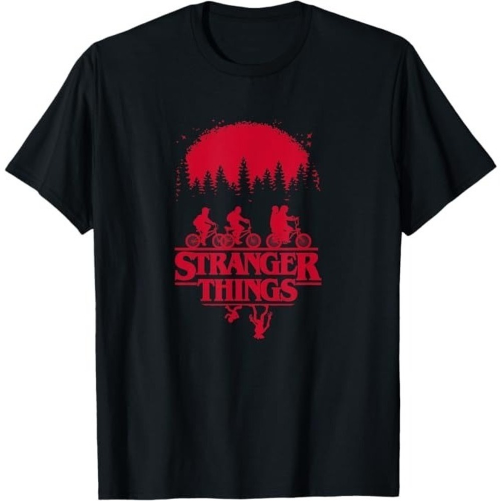Stranger Things Group Shot Bike Ride Upside Down Silhouette T-Shirt